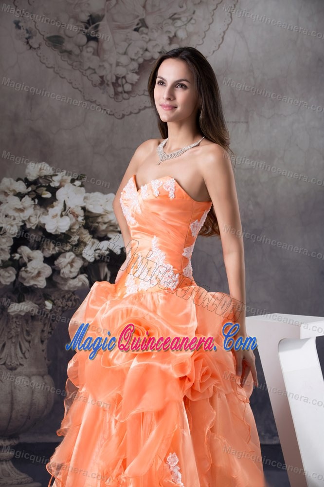 Orange Sweetheart Quinceanera Dress with Hand Made Flowers and Appliques