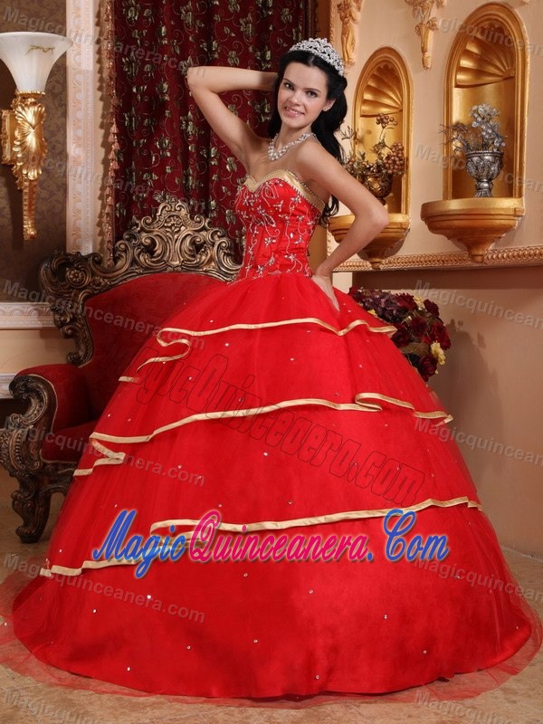 Red Satin and Tulle Quinceanera Gown Dress with Beading and Gold Hemline