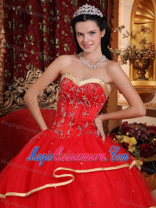 Red Satin and Tulle Quinceanera Gown Dress with Beading and Gold Hemline