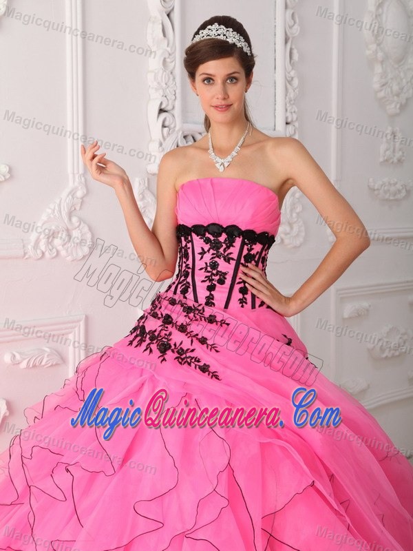 Pink Quinceanera Dress with Black Appliques and Ruffled Skirt for PR