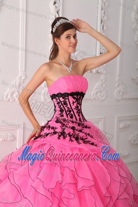 Pink Quinceanera Dress with Black Appliques and Ruffled Skirt for PR