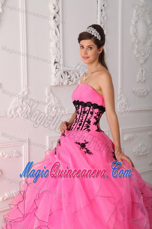 Pink Quinceanera Dress with Black Appliques and Ruffled Skirt for PR