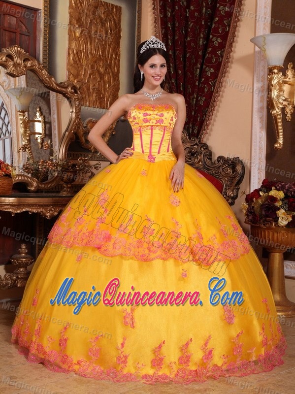 Gold Quinceanera Dress with Boning Details and red Lace Appliques