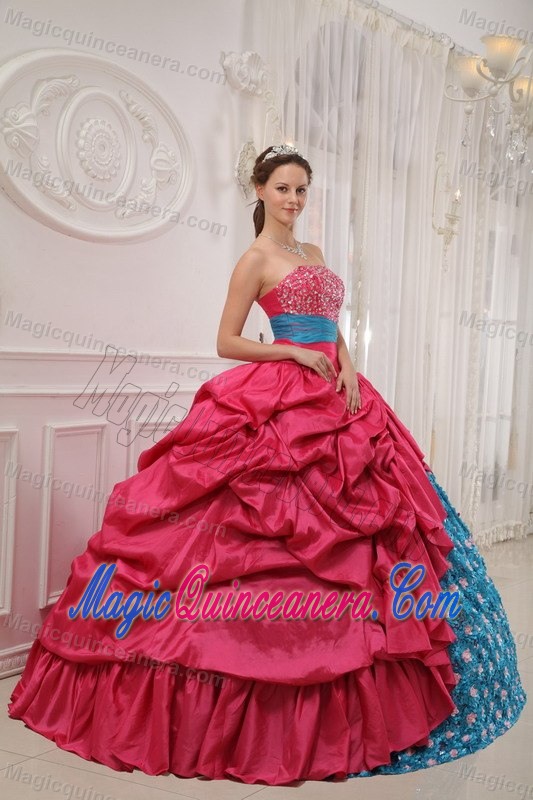 Red and Blue Quince Dress by Fabric with Flowers with Beaded Decorate Bust