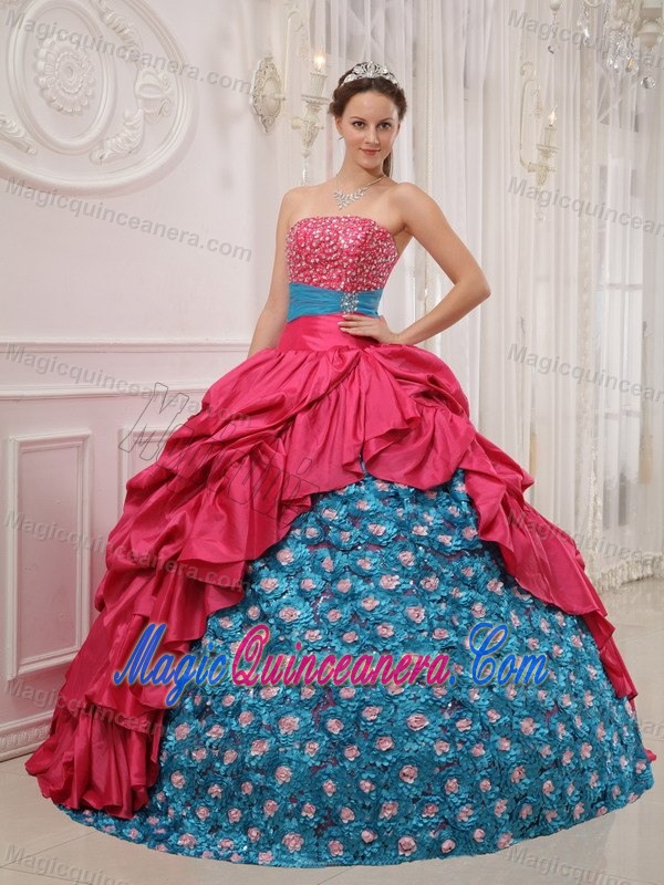 Red and Blue Quince Dress by Fabric with Flowers with Beaded Decorate Bust