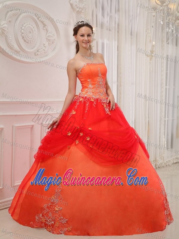 Orange Red Strapless Quinceanera Dress by Taffeta and Tulle with Appliques