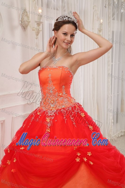 Orange Red Strapless Quinceanera Dress by Taffeta and Tulle with Appliques