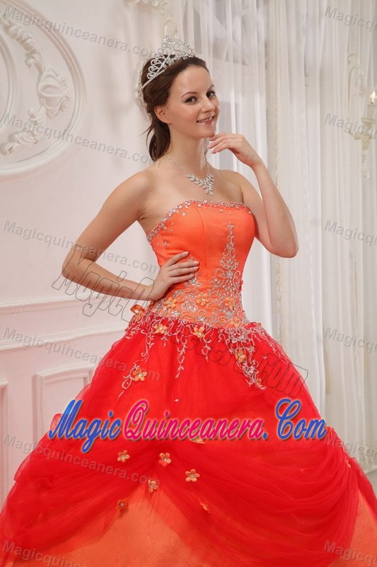 Orange Red Strapless Quinceanera Dress by Taffeta and Tulle with Appliques