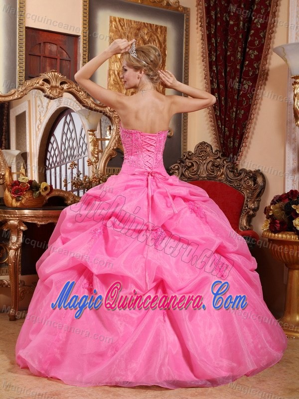 Rose Pink Strapless Quinceanera Dress with Appliques and Pick Ups