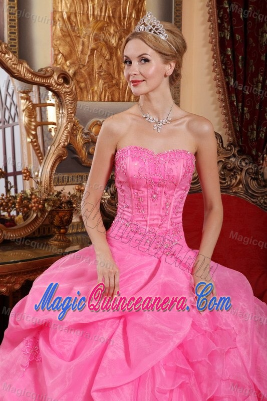 Rose Pink Strapless Quinceanera Dress with Appliques and Pick Ups