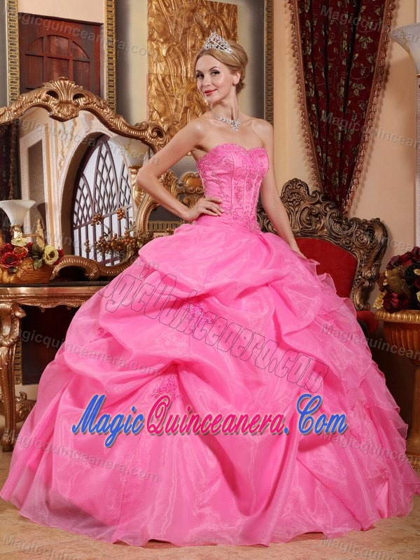 Rose Pink Strapless Quinceanera Dress with Appliques and Pick Ups