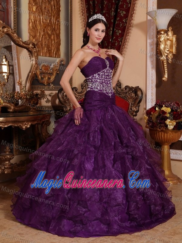 Purple Sweetheart Quince Dresses by Organza with Beading and Appliques