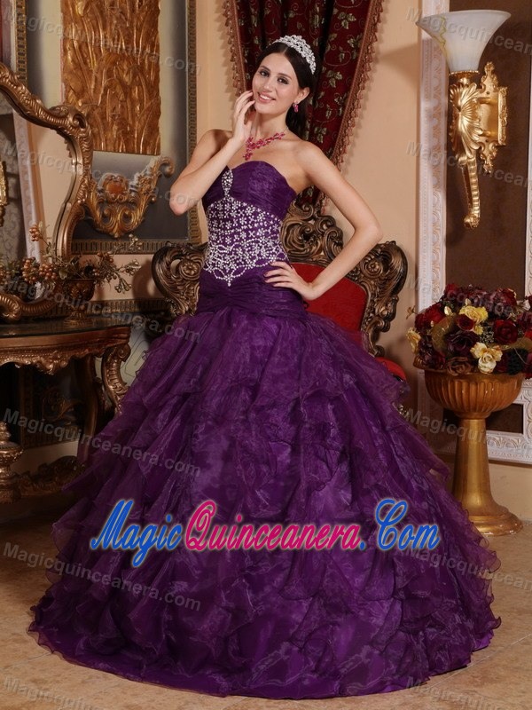 Purple Sweetheart Quince Dresses by Organza with Beading and Appliques