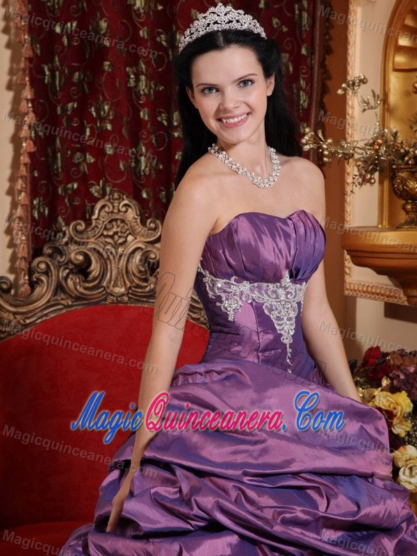 Purple Strapless Quinceanera Gown by Taffeta with Appliques and Pick Ups