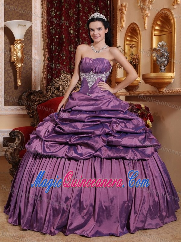 Purple Strapless Quinceanera Gown by Taffeta with Appliques and Pick Ups