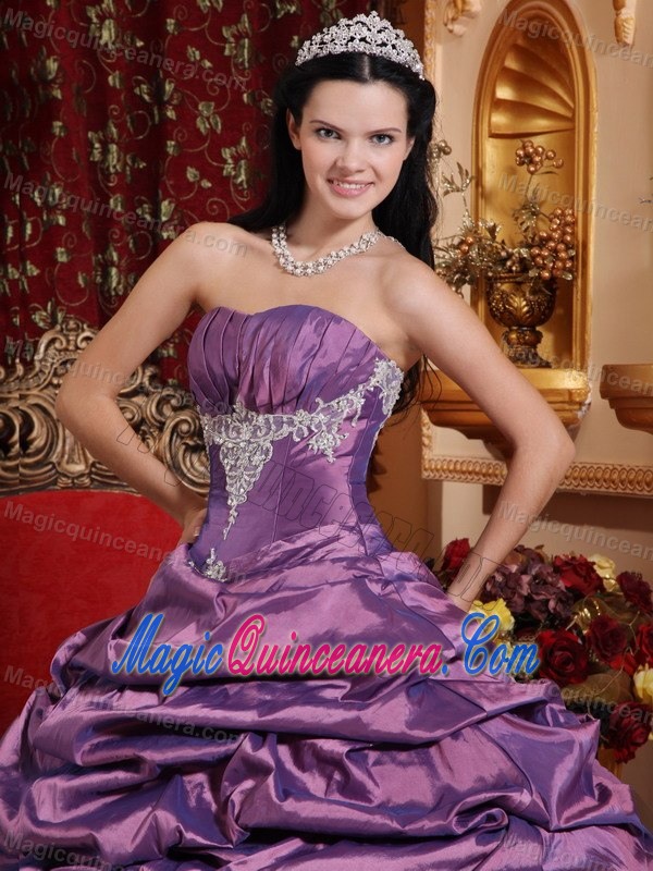 Purple Strapless Quinceanera Gown by Taffeta with Appliques and Pick Ups