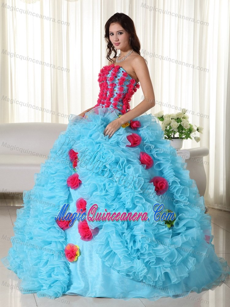 Aqua Quinceanera Dress with Red Handmade Flowers and Ruffles