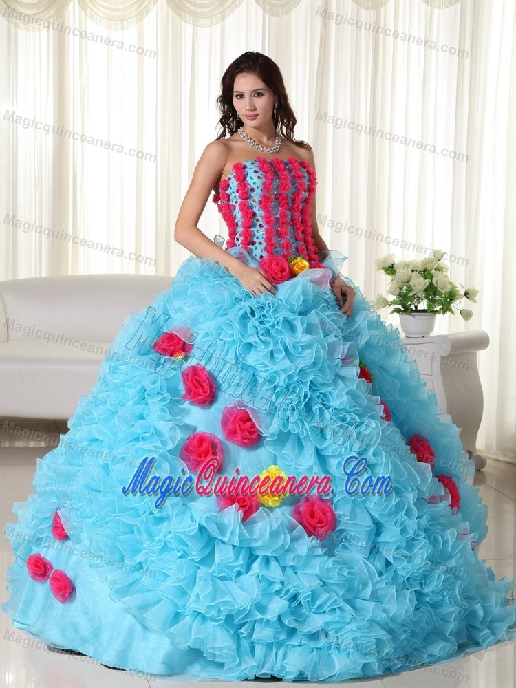 Aqua Quinceanera Dress with Red Handmade Flowers and Ruffles