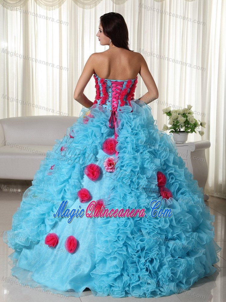 Aqua Quinceanera Dress with Red Handmade Flowers and Ruffles