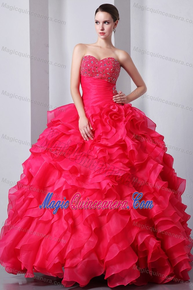 Coral Red Quinceanea Dress with Beaded Decorate Bust and Ruffles