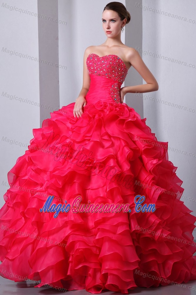 Coral Red Quinceanea Dress with Beaded Decorate Bust and Ruffles