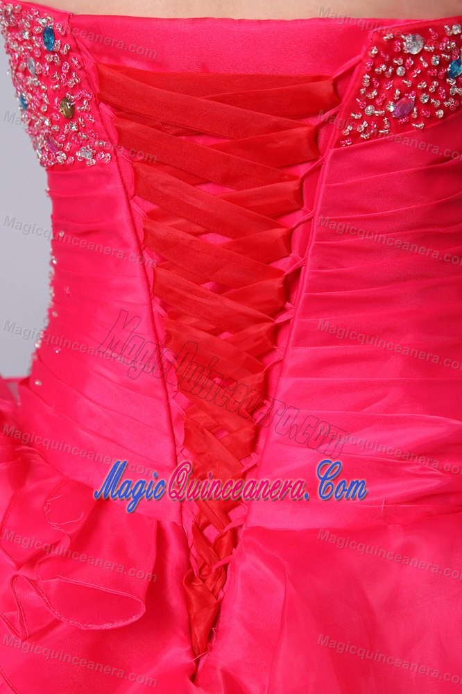 Coral Red Quinceanea Dress with Beaded Decorate Bust and Ruffles