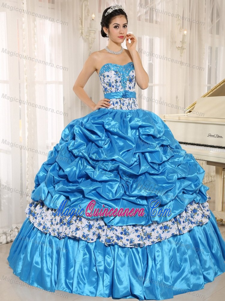 Aqua Blue Quinceanera Dress by Print Fabric with Beading and Pick-ups