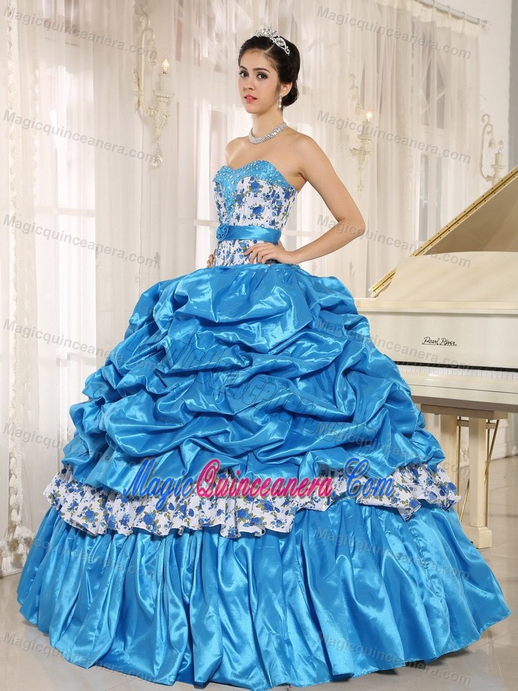 Aqua Blue Quinceanera Dress by Print Fabric with Beading and Pick-ups