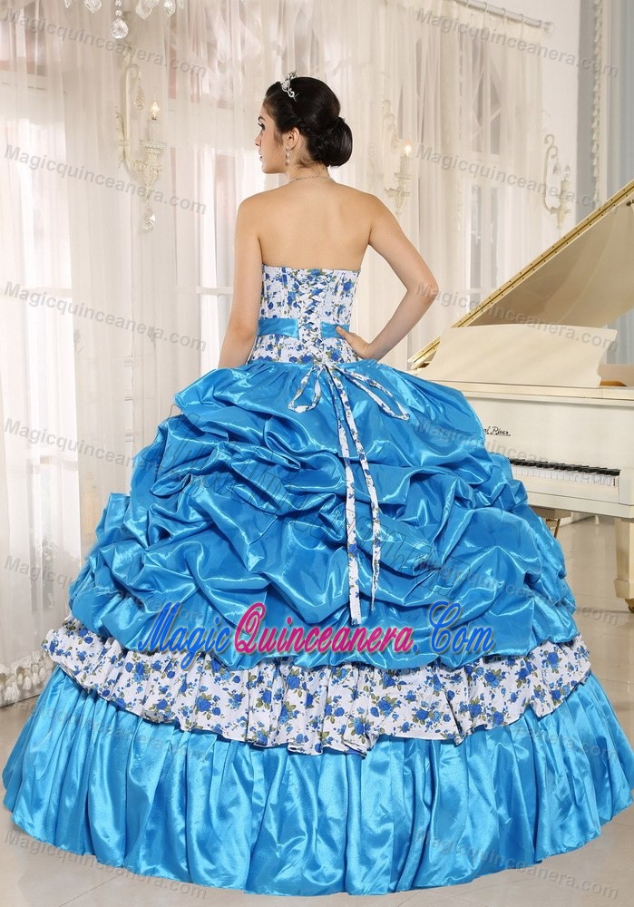 Aqua Blue Quinceanera Dress by Print Fabric with Beading and Pick-ups