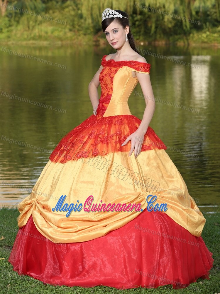 Red and Gold Quinceanera Dress with Off the Shoulder Neckline for 2013