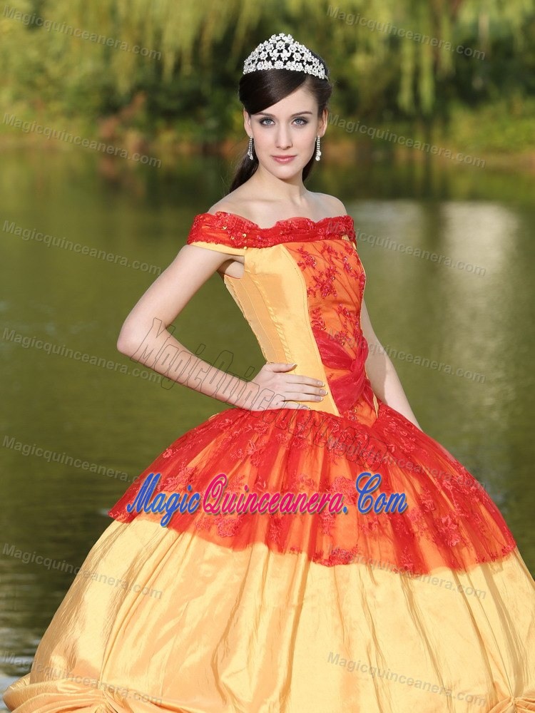 Red and Gold Quinceanera Dress with Off the Shoulder Neckline for 2013