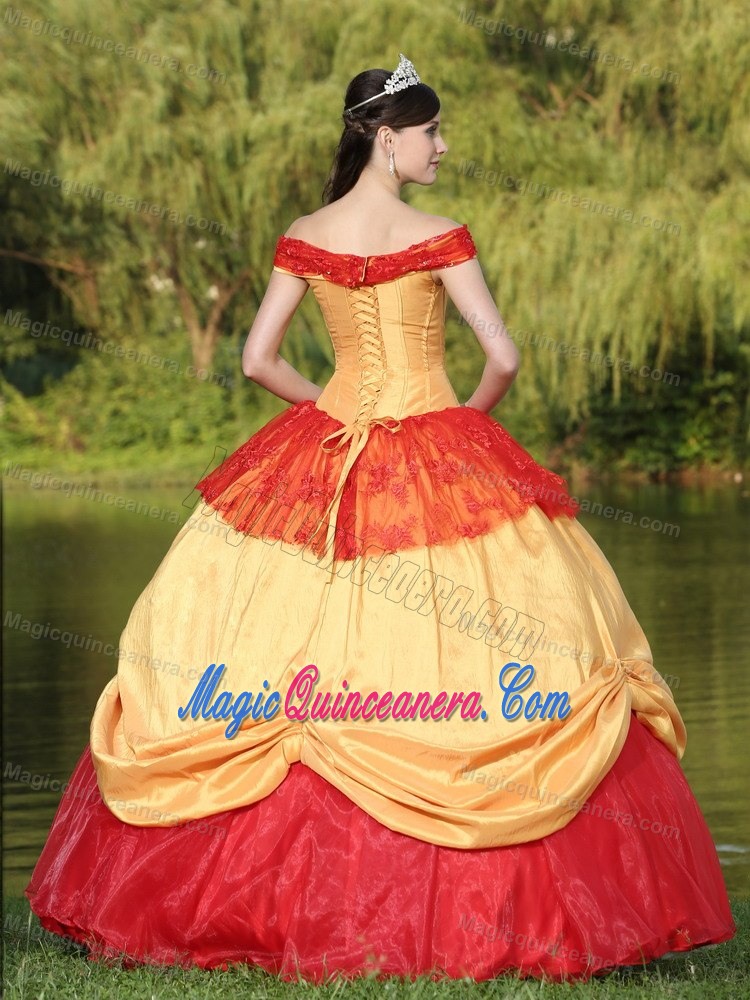 Red and Gold Quinceanera Dress with Off the Shoulder Neckline for 2013