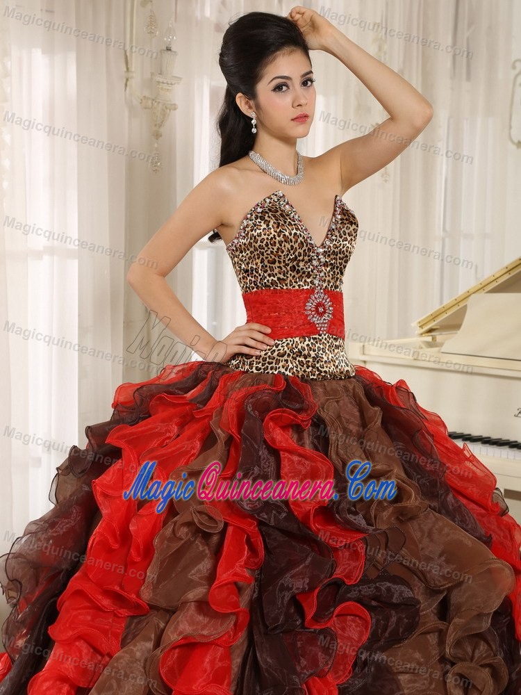 Multi-color Quinceanera Dress with V-neck and Ruffles by Leopard Print Fabric