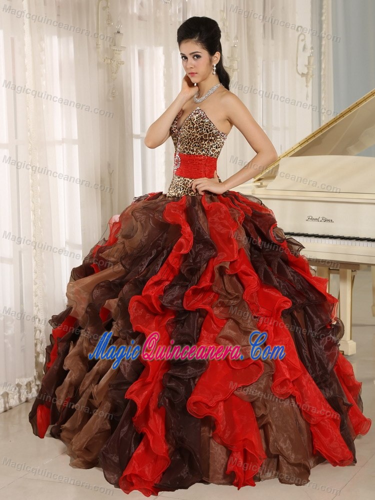 Multi-color Quinceanera Dress with V-neck and Ruffles by Leopard Print Fabric