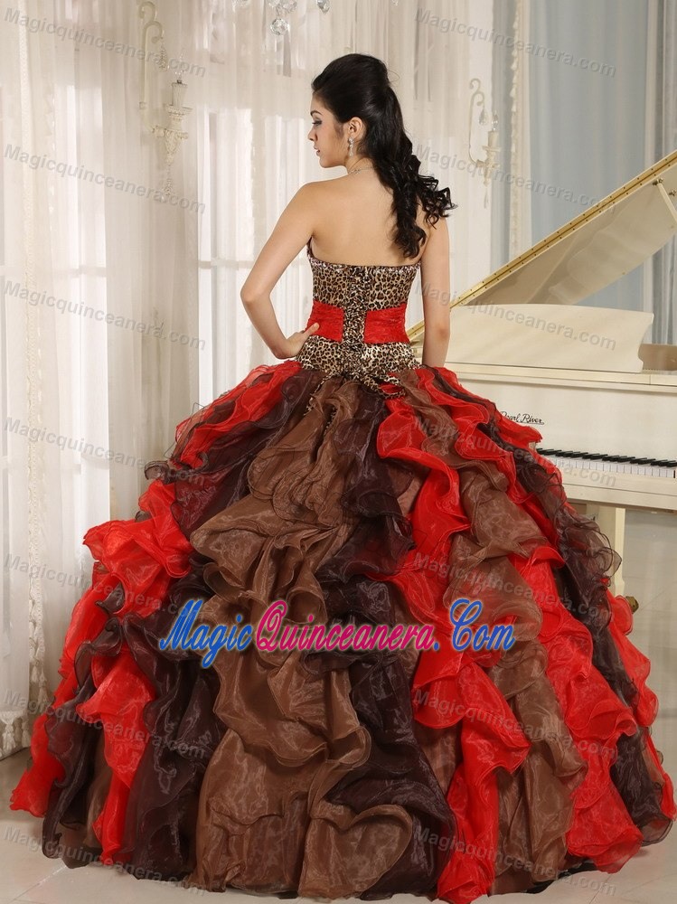 Multi-color Quinceanera Dress with V-neck and Ruffles by Leopard Print Fabric