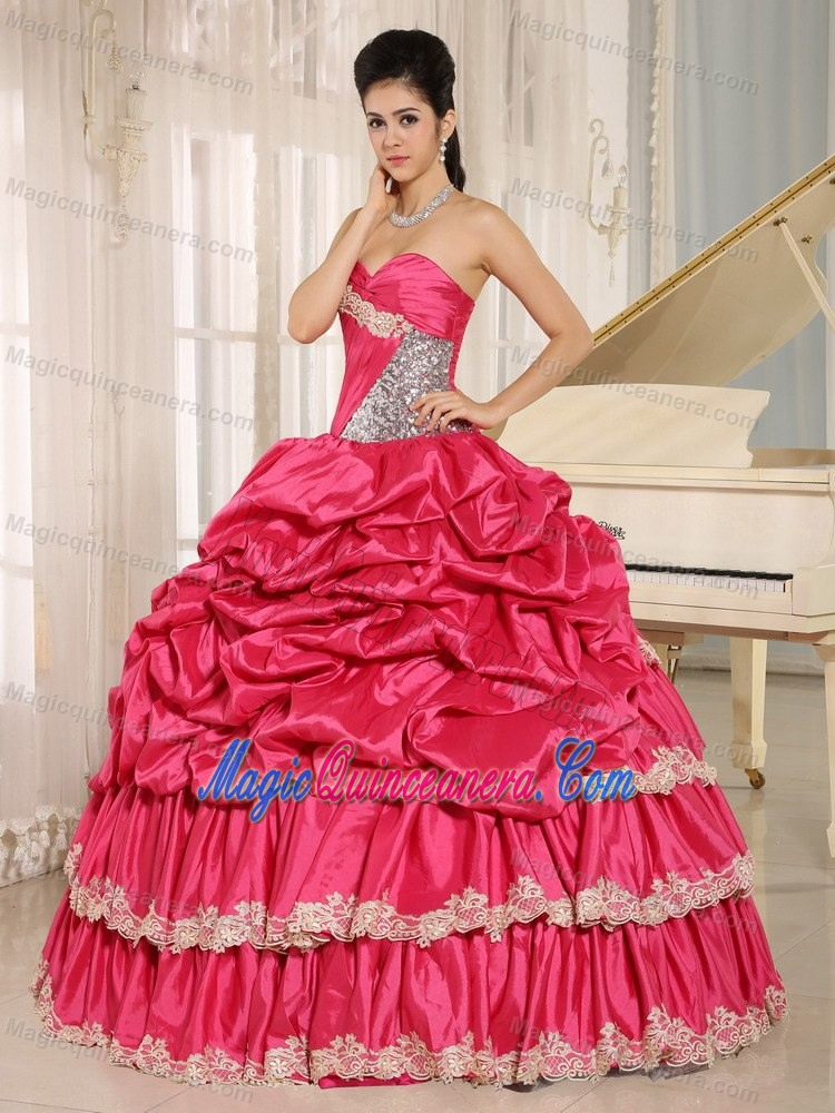 Hot Pink Sweet Sixteen Quinceanera Dresses with Appliques and Pick-ups