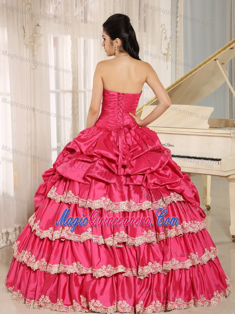 Hot Pink Sweet Sixteen Quinceanera Dresses with Appliques and Pick-ups