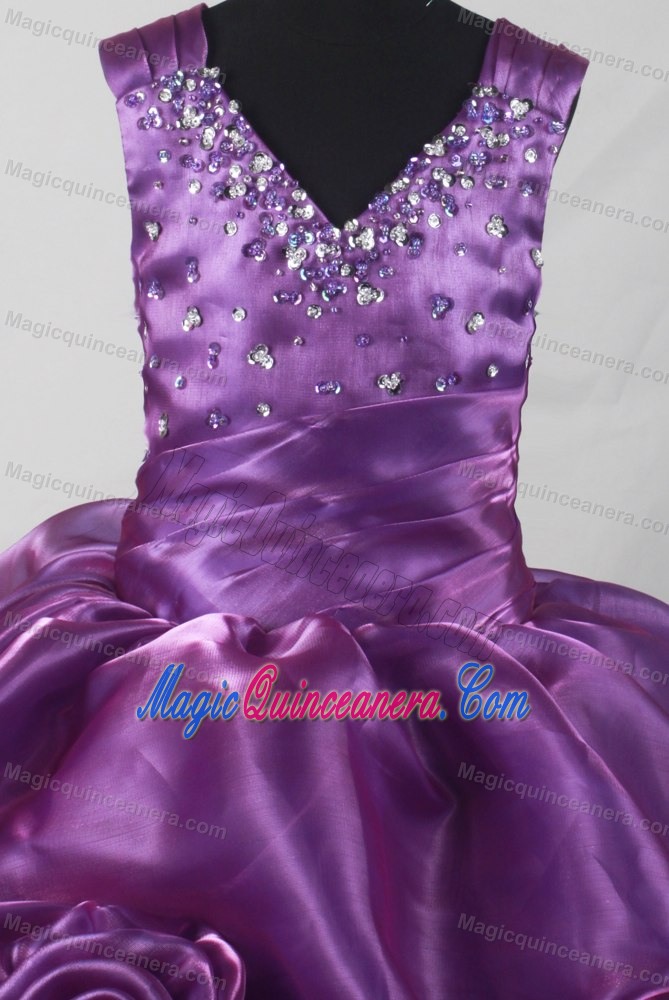 New Purple Beading Little Girl Pageant Dresses With Hand Made Flowers