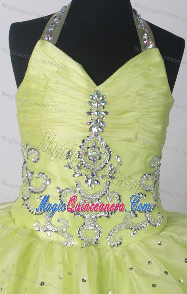 Ohio Yellow Green Kid Pageant Dresses With Beading and Ruffled Layers