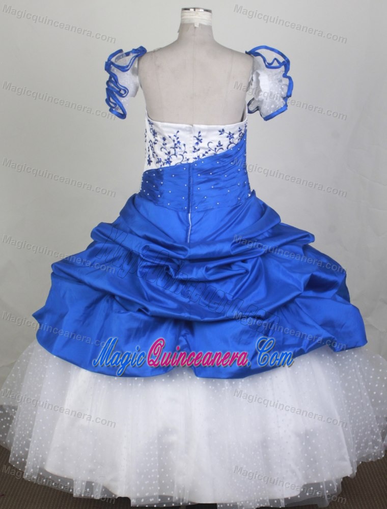 2013 Custom Made Embroidery Blue and White Flower Girl Pageant Dress