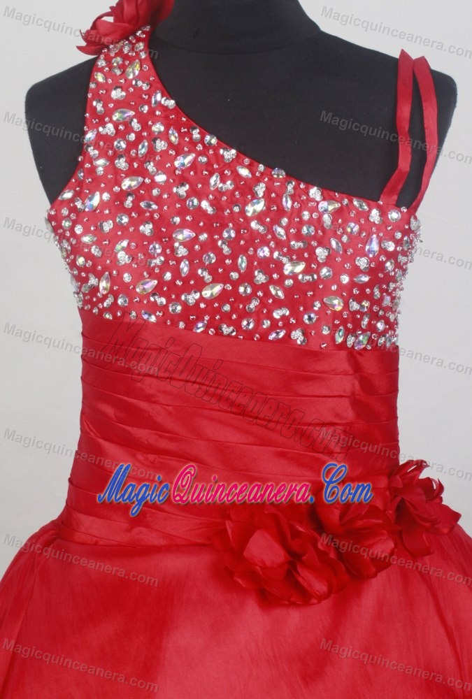 Asymmetrical Red Beading and Flowers Decorate Flower Girl Dress