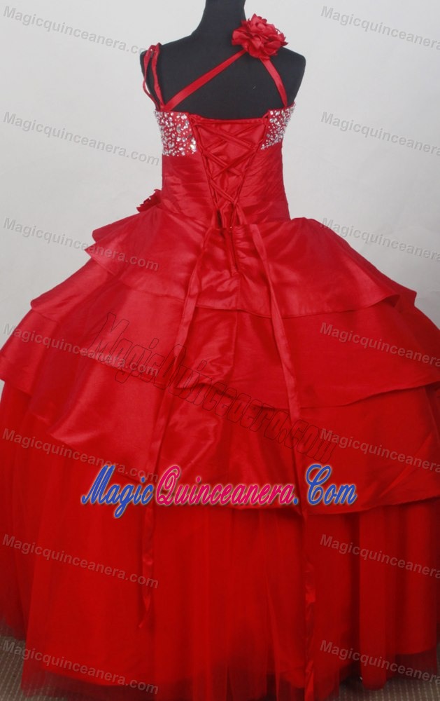 Asymmetrical Red Beading and Flowers Decorate Flower Girl Dress