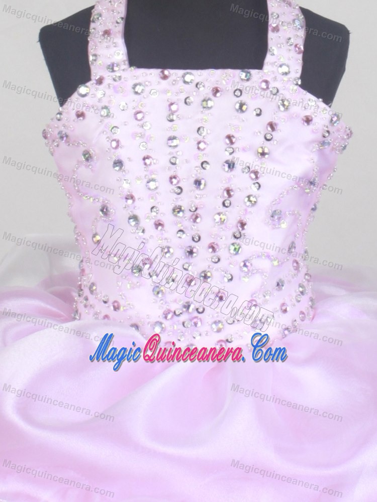 Baby Pink Flower Girl Pageant Dress With Beading and Ruffled Layers