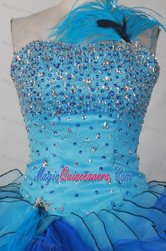 Ruffled Blue One Shoulder Beaded Girls Pageant Dresses with Feather