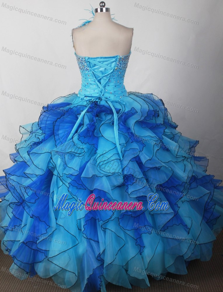 Ruffled Blue One Shoulder Beaded Girls Pageant Dresses with Feather