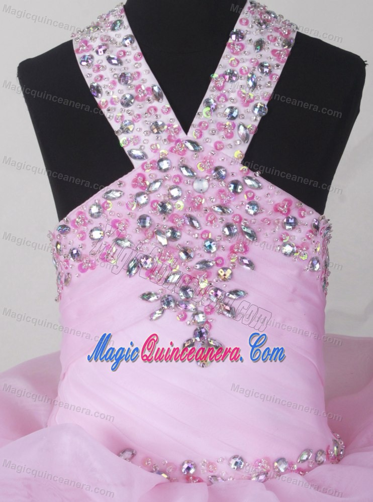 Baby Pink Beading and Pick-ups Little Girl Pageant Dresses V-neck Design