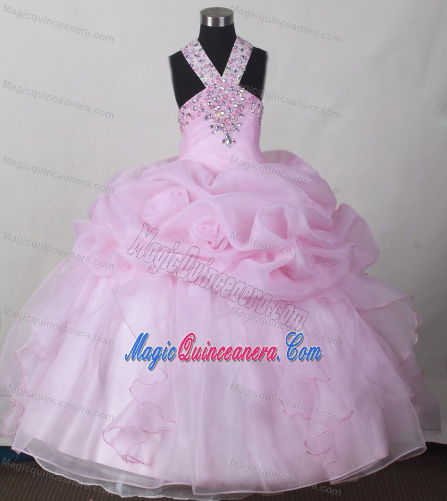 Baby Pink Beading and Pick-ups Little Girl Pageant Dresses V-neck Design