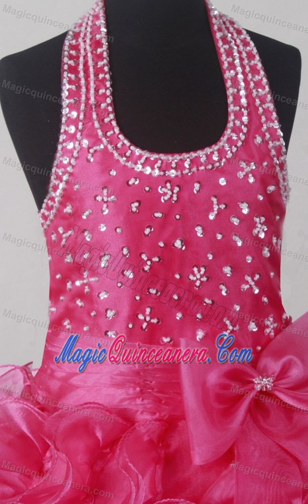 Bowknot and Ruffles Decorate for Halter Little Girl Pageant Dress