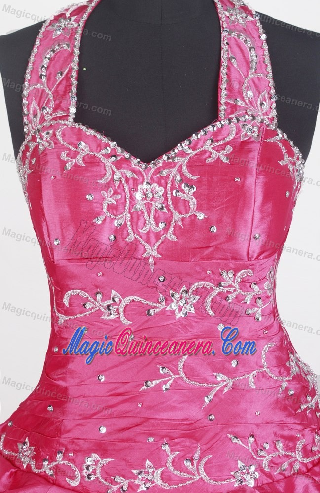 Pink Embroidery with Beading Halter Top Little Girl Pageant Dress