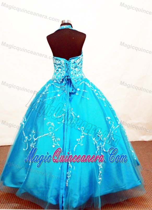 Colorado Blue Halter Flower Girl Pageant Dress Appliques Decorate